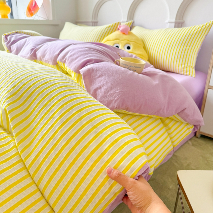 91家纺网 家纺一手货源 找家纺 千朵 2024新款色织提花水洗棉四件套 靓黄紫