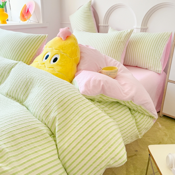 91家纺网 家纺一手货源 找家纺 千朵 2024新款色织提花水洗棉四件套 绿粉