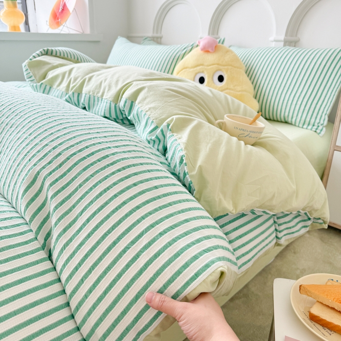 91家纺网 家纺一手货源 找家纺 千朵 2024新款色织提花水洗棉四件套 青春绿