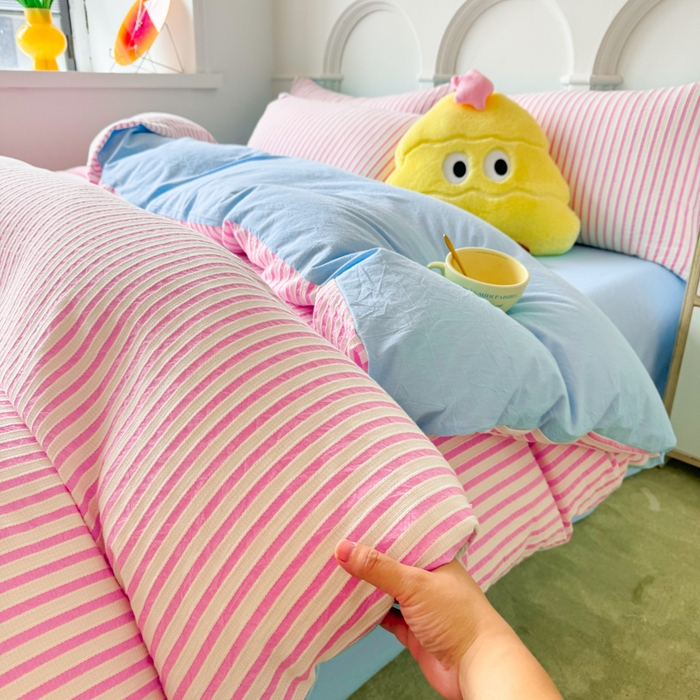 91家纺网 家纺一手货源 找家纺 千朵 2024新款色织提花水洗棉四件套 粉蓝