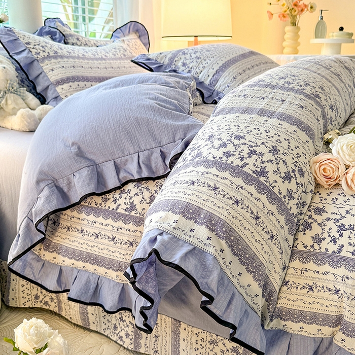 91家纺网 家纺一手货源 找家纺 韩约家纺 2024秋冬加厚1针织棉时尚花边款四件套 青花