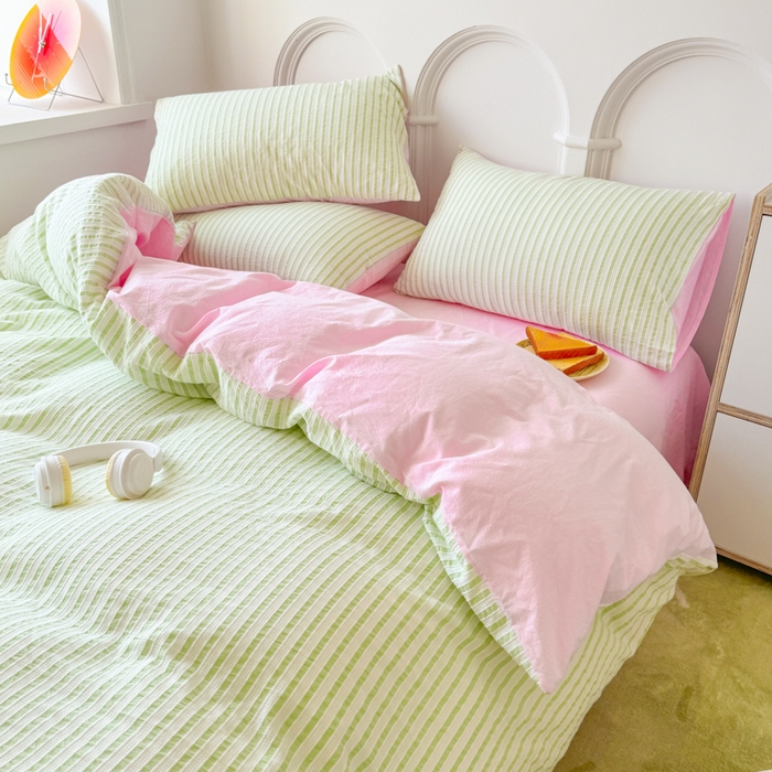 91家纺网 家纺一手货源 找家纺 千朵 2024新款色织提花水洗棉四件套 绿粉