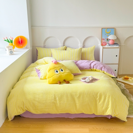 千朵 2024新款色织提花水洗棉四件套 靓黄紫