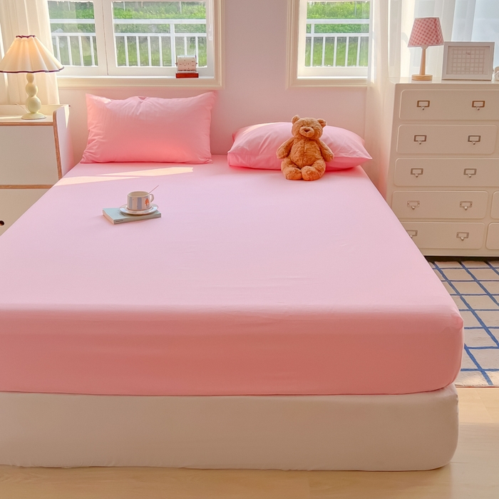 91家纺网 家纺一手货源 找家纺 韩巢家纺 2024新款A类纯色良品格子水洗棉床笠单件全包围防滑床单床罩保护套 A类粉色-床笠