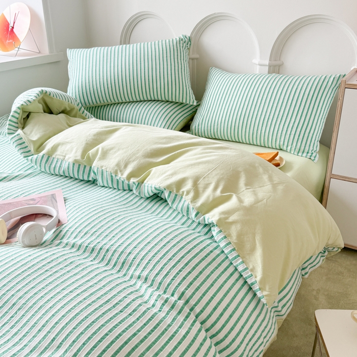 91家纺网 家纺一手货源 找家纺 千朵 2024新款色织提花水洗棉四件套 青春绿