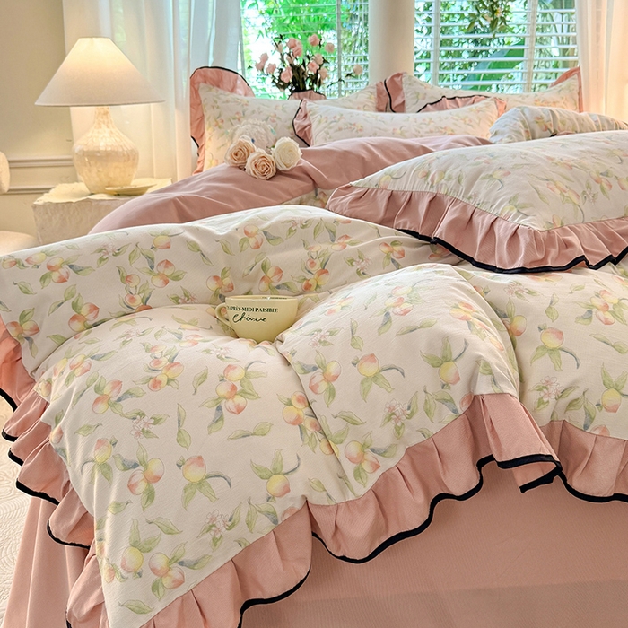 91家纺网 家纺一手货源 找家纺 韩约家纺 2024秋冬加厚1针织棉时尚花边款四件套 蜜桃