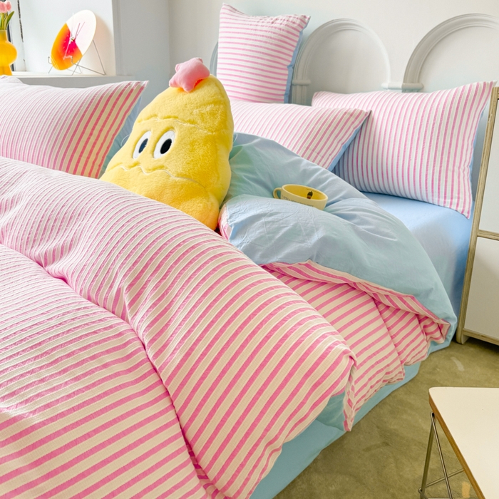 91家纺网 家纺一手货源 找家纺 千朵 2024新款色织提花水洗棉四件套 粉蓝