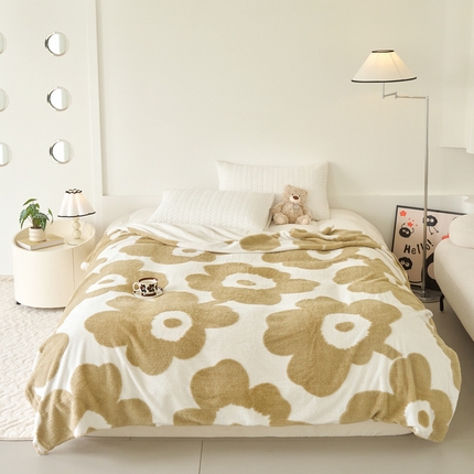91家纺网 家纺一手货源 找家纺 恋佳居 2025新款太阳花舒棉绒被套毯 奶油咖