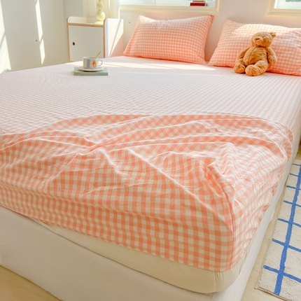 91家纺网 家纺一手货源 找家纺 韩巢家纺 2024新款A类纯色良品格子水洗棉床笠单件全包围防滑床单床罩保护套 A类草莓格-床笠
