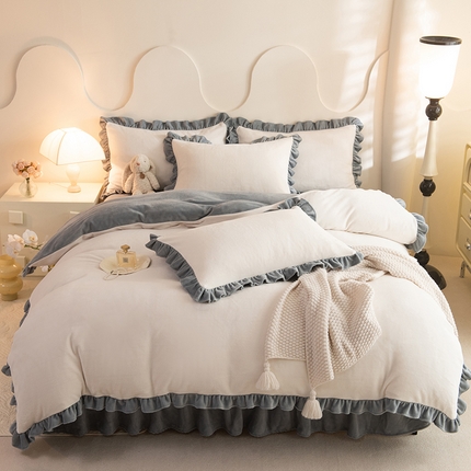 恩和家纺 2024新款高克重200g牛奶绒飞边款四件套 飞边米白拼灰
