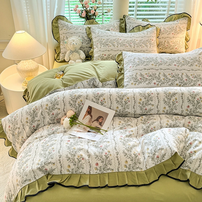 91家纺网 家纺一手货源 找家纺 韩约家纺 2024秋冬加厚1针织棉时尚花边款四件套 莫奈