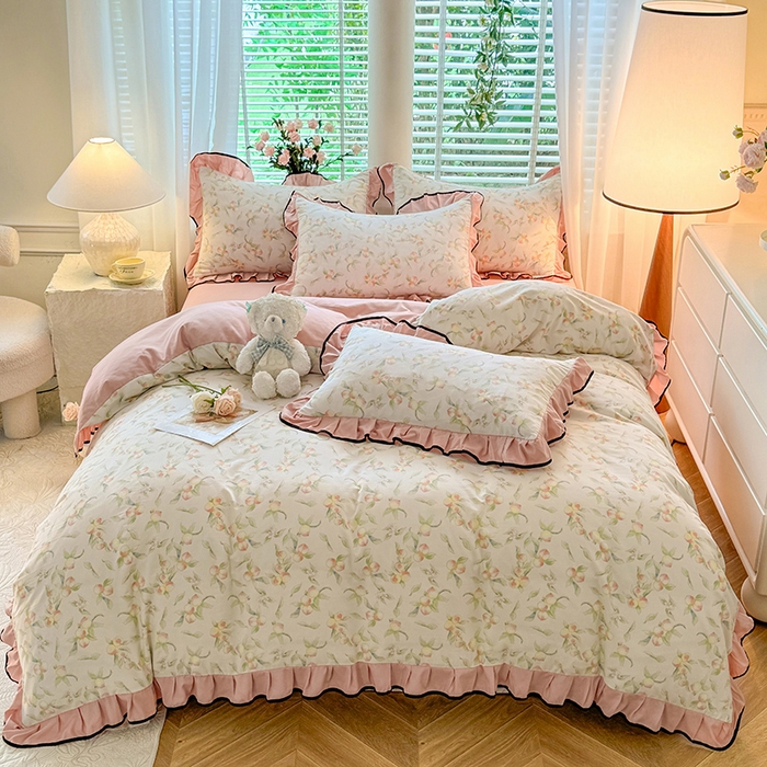 91家纺网 家纺一手货源 找家纺 韩约家纺 2024秋冬加厚1针织棉时尚花边款四件套 蜜桃