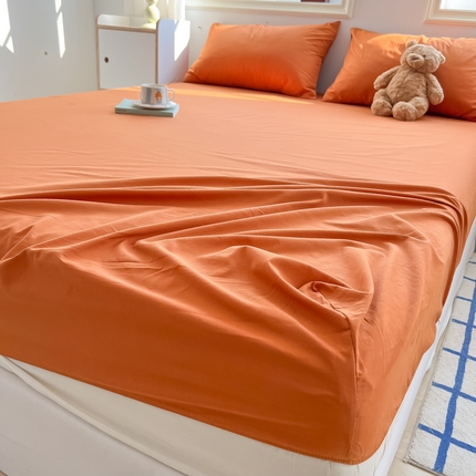 91家纺网 家纺一手货源 找家纺 韩巢家纺 2024新款A类纯色良品格子水洗棉床笠单件全包围防滑床单床罩保护套 A类铁锈红-床笠