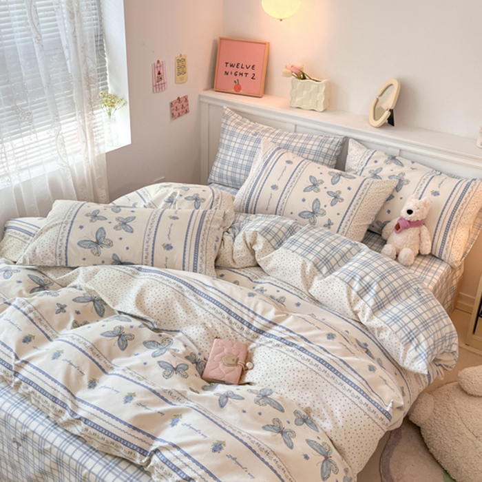 91家纺网 家纺一手货源 找家纺 2024新款全棉舒适印花四件套 蓝蝶