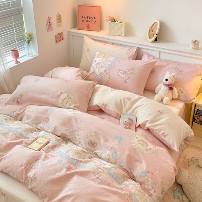 91家纺网 家纺一手货源 找家纺 2024新款全棉舒适印花四件套 春日兔