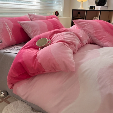 2024新款ins时尚简约渐变北欧全棉系列四件套 棉-波浪渐变红