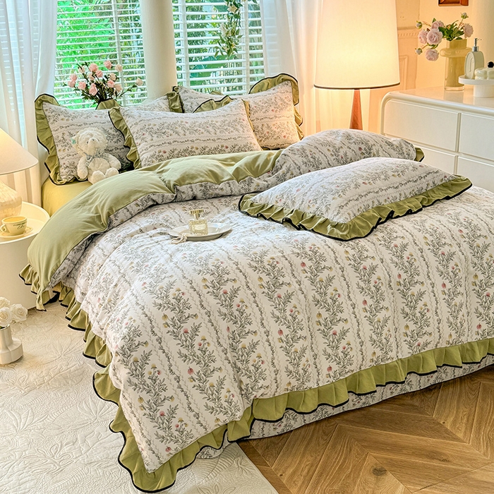 91家纺网 家纺一手货源 找家纺 韩约家纺 2024秋冬加厚1针织棉时尚花边款四件套 莫奈