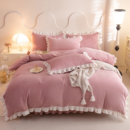 恩和家纺 2024新款高克重200g牛奶绒飞边款四件套 飞边豆沙拼白