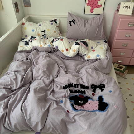 91家纺网 家纺一手货源 找家纺 2024新款高克重印花毛巾绣爆款四件套-实拍图 苹果狗狗-柔紫