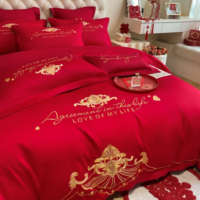 91家纺网 家纺一手货源 找家纺 欧乐蒂 2025新款亲肤棉婚庆刺绣四件套系列 锦绣佳缘