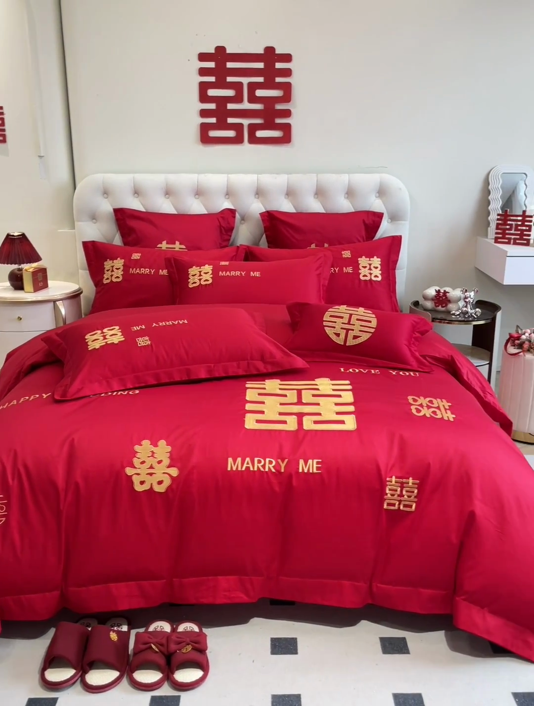 91家纺网 家纺一手货源 找家纺 欧乐蒂 2025新款亲肤棉婚庆刺绣四件套系列 大喜-金