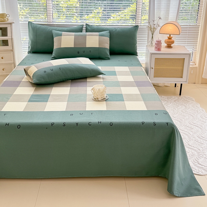 91家纺网 家纺一手货源 找家纺 一比一家纺 2024新款老粗布床单粗布凉席老粗布床单三件套（预留缩水） 绿格字母