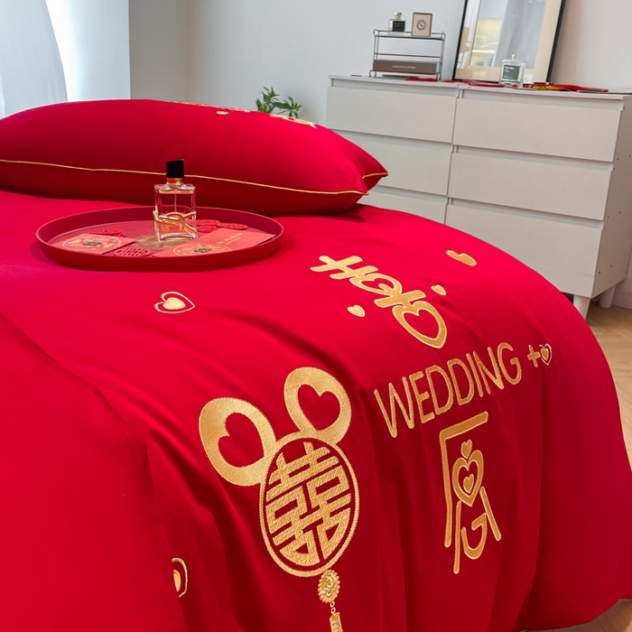 91家纺网 家纺一手货源 找家纺 欧乐蒂 2025新款亲肤棉婚庆刺绣四件套系列 喜愿