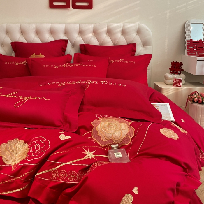 91家纺网 家纺一手货源 找家纺 欧乐蒂 2025新款亲肤棉婚庆刺绣四件套系列 玫瑰爱恋