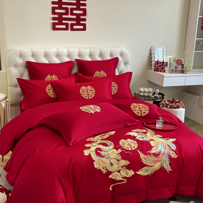 91家纺网 家纺一手货源 找家纺 欧乐蒂 2025新款亲肤棉婚庆刺绣四件套系列 欢喜龙凤