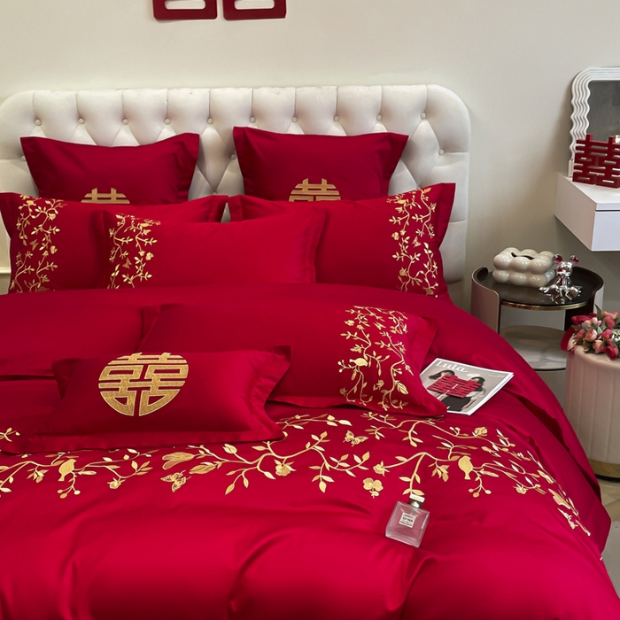 91家纺网 家纺一手货源 找家纺 欧乐蒂 2025新款亲肤棉婚庆刺绣四件套系列 喜上枝头