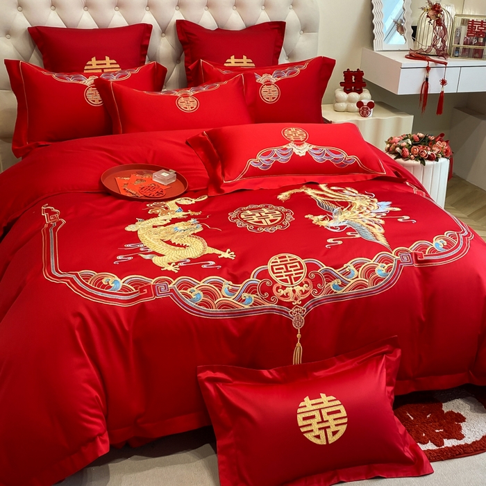 91家纺网 家纺一手货源 找家纺 欧乐蒂 2025新款亲肤棉婚庆刺绣四件套系列 龙凤瑞彩