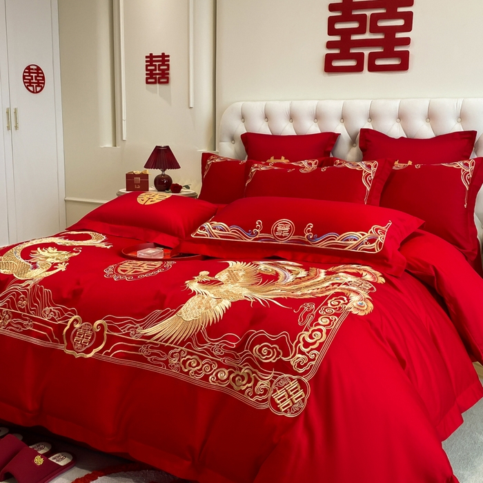 91家纺网 家纺一手货源 找家纺 欧乐蒂 2025新款亲肤棉婚庆刺绣四件套系列 龙腾凤跃