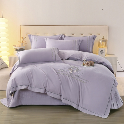 91家纺网 家纺一手货源 找家纺 OL家纺 2024新款磨毛暖绒床盖夹棉四件套刺绣轻奢风 香芋紫