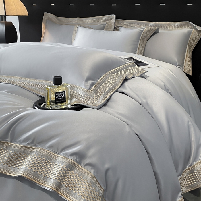 91家纺网 家纺一手货源 找家纺 欧乐蒂 2025新款高支高密水洗贡缎全棉四件套-简爱 简爱高级灰