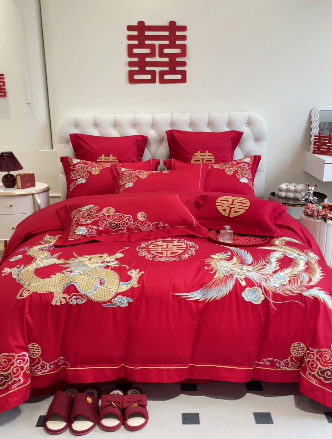 91家纺网 家纺一手货源 找家纺 欧乐蒂 2025新款亲肤棉婚庆刺绣四件套系列 龙飞凤舞