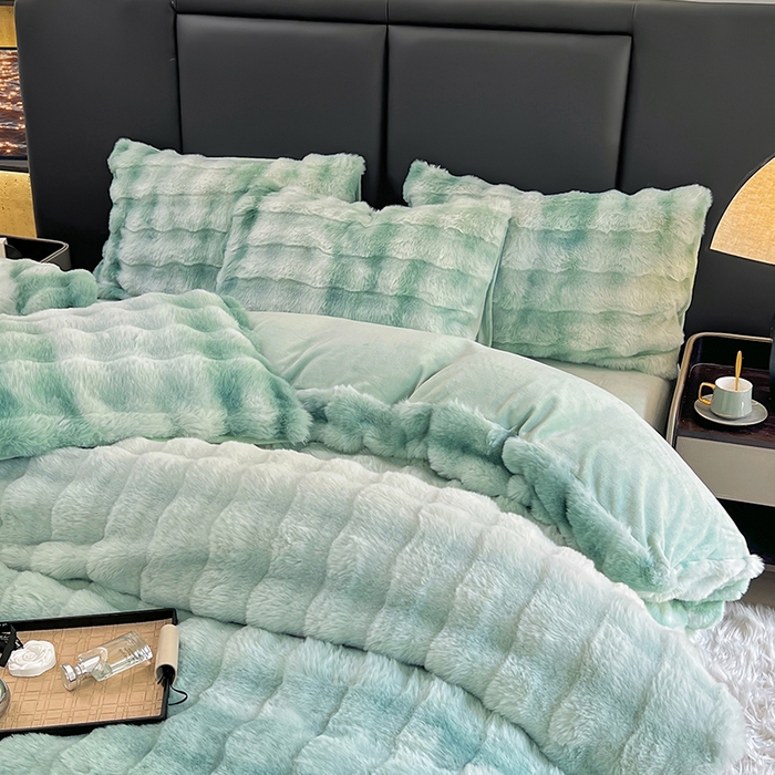 91家纺网 家纺一手货源 找家纺 金爱家 2024新品全消光A类纯色獭兔毛绒立体牛奶绒四件套-七彩泡泡 七彩泡泡绿