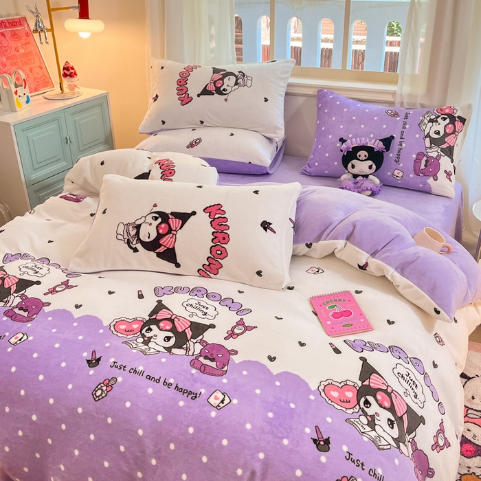 91家纺网 家纺一手货源 找家纺 桃子家居 2024新款三丽鸥卡通加厚高克重200克牛奶绒系列四件套 绒三丽鸥-公主库洛米