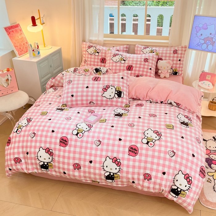 91家纺网 家纺一手货源 找家纺 桃子家居 2024新款三丽鸥卡通加厚高克重200克牛奶绒系列四件套 绒三丽鸥-粉格kitty