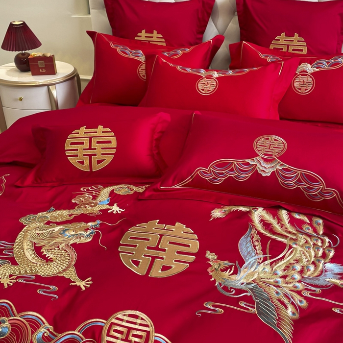 91家纺网 家纺一手货源 找家纺 欧乐蒂 2025新款亲肤棉婚庆刺绣四件套系列 龙凤瑞彩2