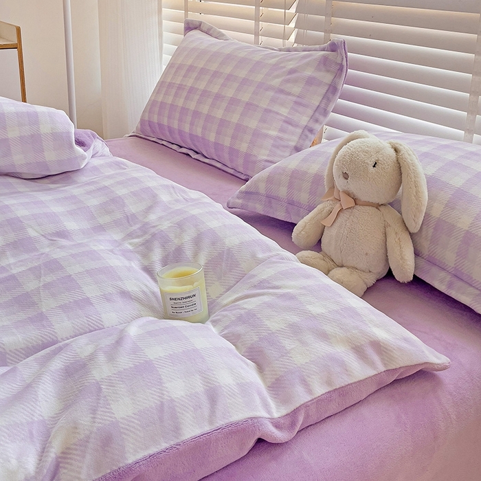 91家纺网 家纺一手货源 找家纺 简一 2025新款牛奶绒无印风ins风方格系列-四件套 无印风方格方格-浅紫