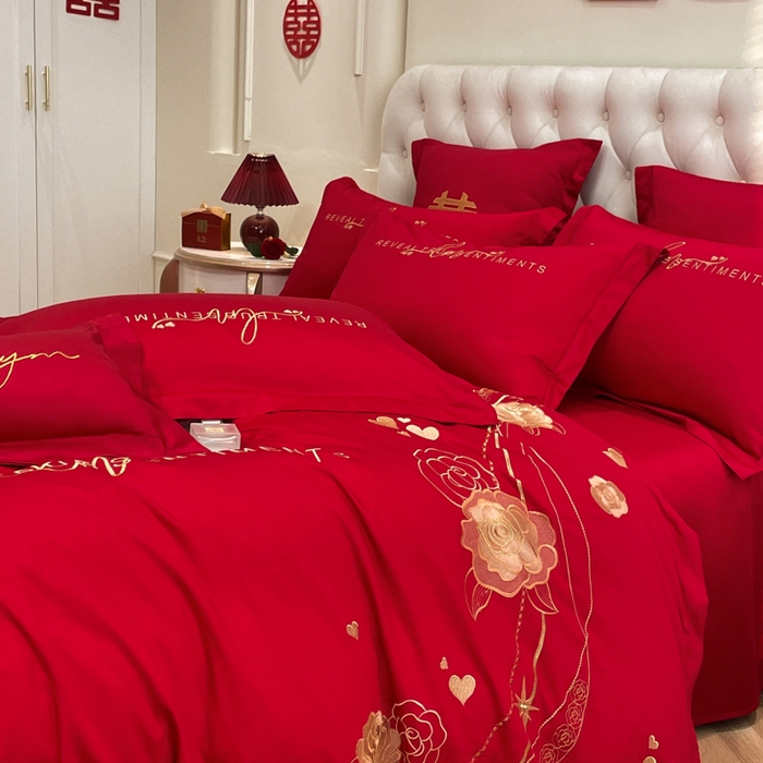 91家纺网 家纺一手货源 找家纺 欧乐蒂 2025新款亲肤棉婚庆刺绣四件套系列 玫瑰爱恋