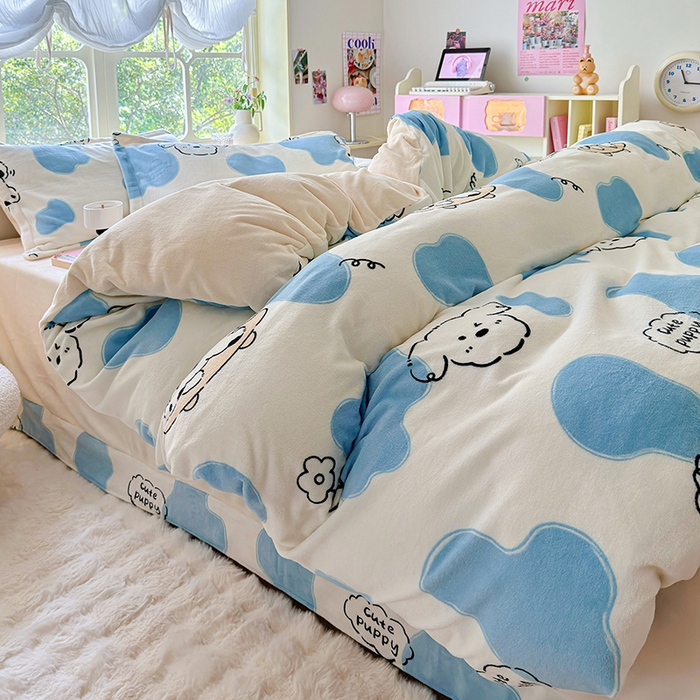 91家纺网 家纺一手货源 找家纺 呗旺鹿 2024新款高克重印花牛奶绒四件套 顽皮狗