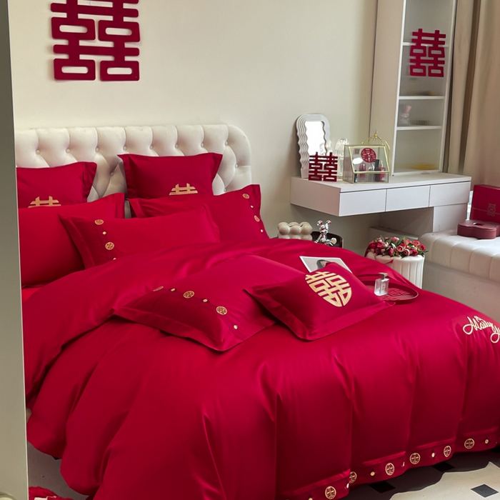 91家纺网 家纺一手货源 找家纺 欧乐蒂 2025新款亲肤棉婚庆刺绣四件套系列 爱相随