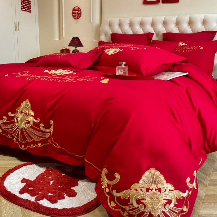 91家纺网 家纺一手货源 找家纺 欧乐蒂 2025新款亲肤棉婚庆刺绣四件套系列 锦绣佳缘