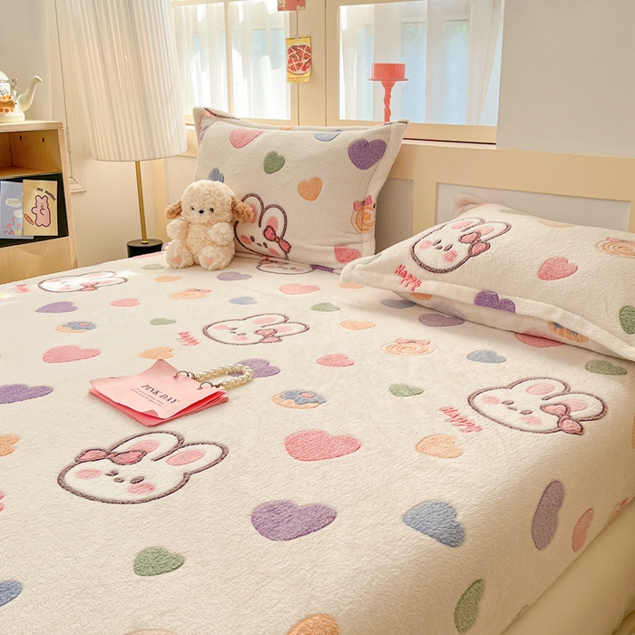 91家纺网 家纺一手货源 找家纺 川悦生活 2024新款高克重雪花绒加厚保暖床笠 床笠泡芙小兔