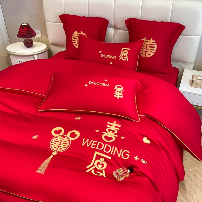 91家纺网 家纺一手货源 找家纺 欧乐蒂 2025新款亲肤棉婚庆刺绣四件套系列 喜愿