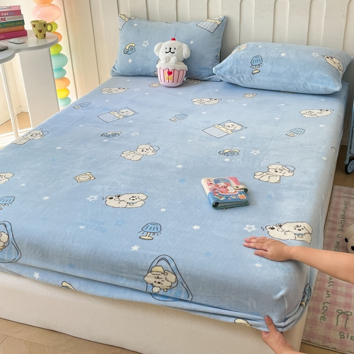 91家纺网 家纺一手货源 找家纺  星座家纺 2025新款小清新牛奶绒单床笠 早安狗