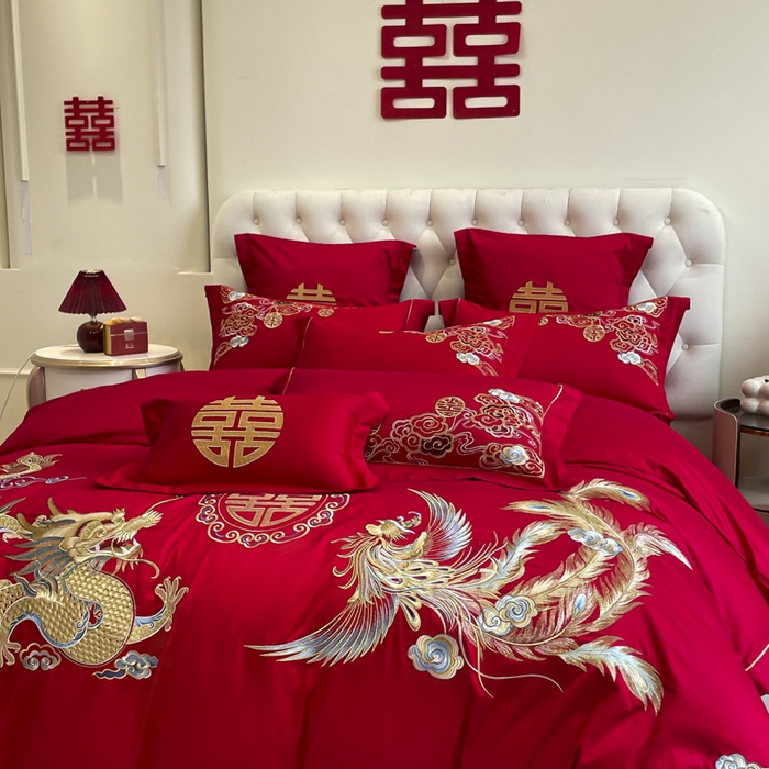 91家纺网 家纺一手货源 找家纺 欧乐蒂 2025新款亲肤棉婚庆刺绣四件套系列 龙飞凤舞