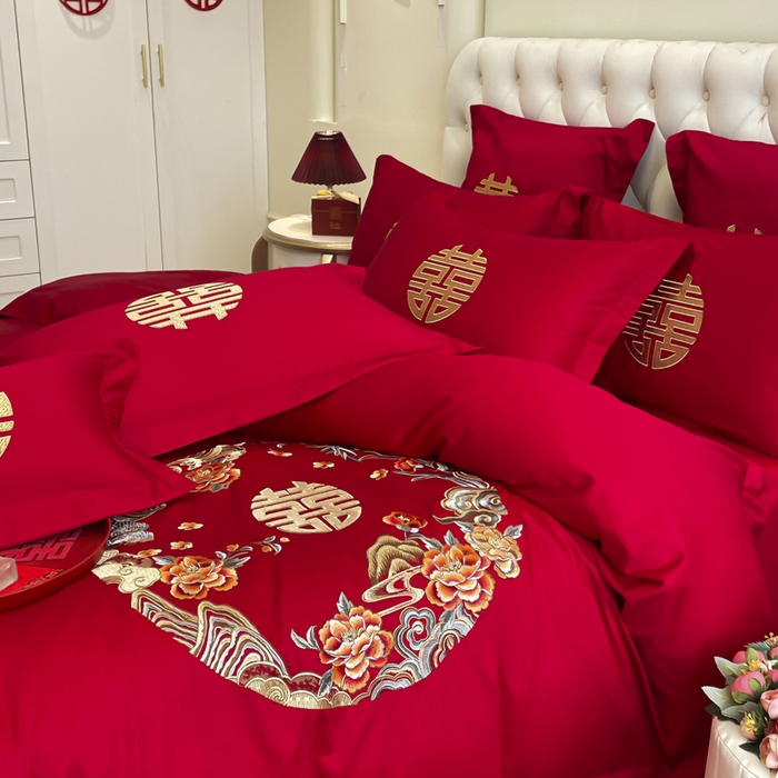 91家纺网 家纺一手货源 找家纺 欧乐蒂 2025新款亲肤棉婚庆刺绣四件套系列 爱情花语