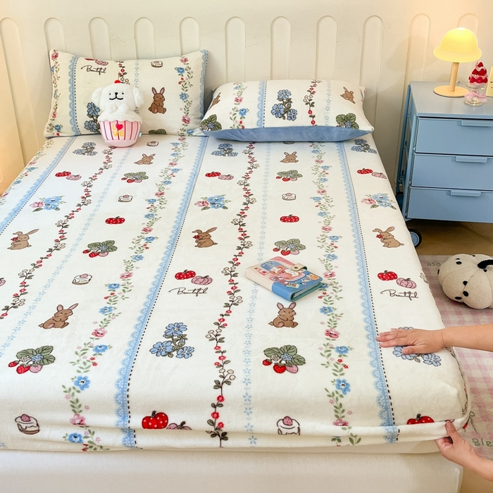 91家纺网 家纺一手货源 找家纺  星座家纺 2025新款小清新牛奶绒单床笠 动物小花